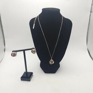 T Tahari Rose Gold Tone Clear Rhinestone Knot Pendant Necklace Post Earring Set